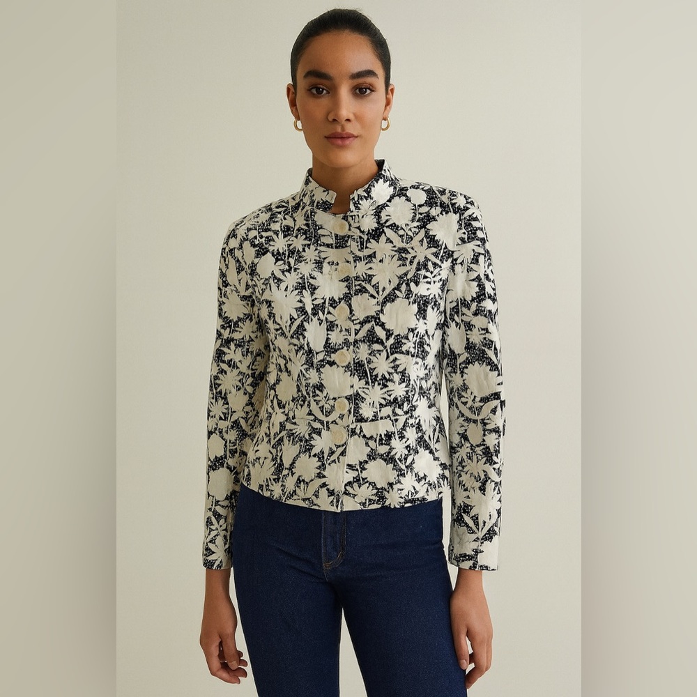 JG HOOK Black & White Linen Blend Floral Blazer Sz. 12P